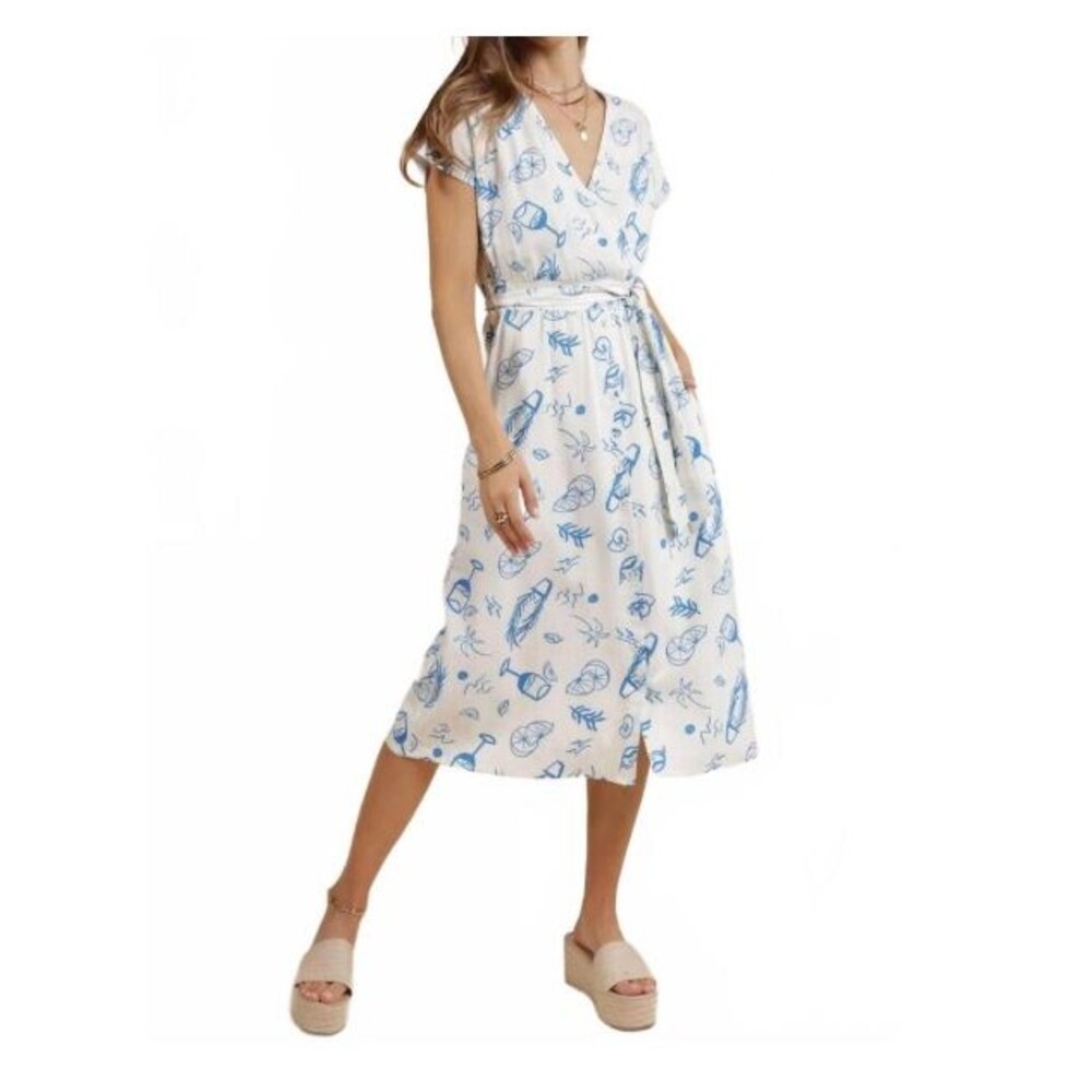 Anthro SAGE THE LABEL Citrus Drink Graphic Wrap Dress Ivory Blue Womens Sm, NWT